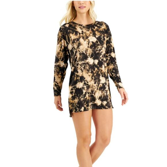 JENNI WOMENS MEDIUM LONG SLEEVE SUPER SOFT SLEEP SHIRT TIEDYE PRINT BLACK TAN - Picture 1 of 10